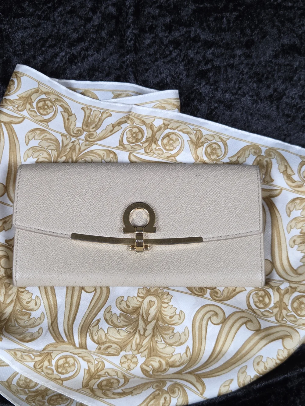 Salvatore Ferragamo Beige Leather Chain Clutch with Gold Hardware